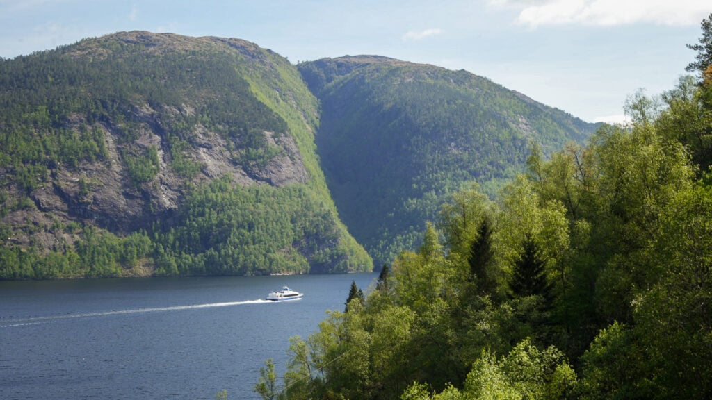Fjordcruise gjennom Osterfjorden med høye fjell og grønnekledde daler