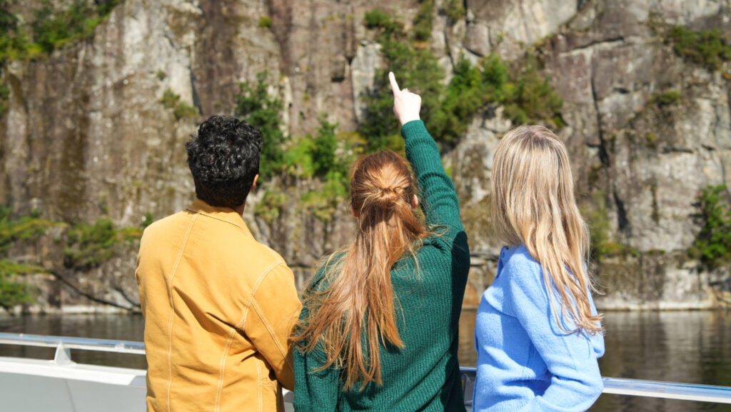 Three guests on deck looking up and pointing at Fugleberget cliff during a sunny Mostraumen fjord cruise.