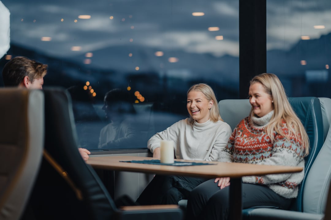 Store vinduer og behagelige seter ombord fjord cruise fra Tromsø. 3 passasjerer nyter utsikten over lyngenalpene