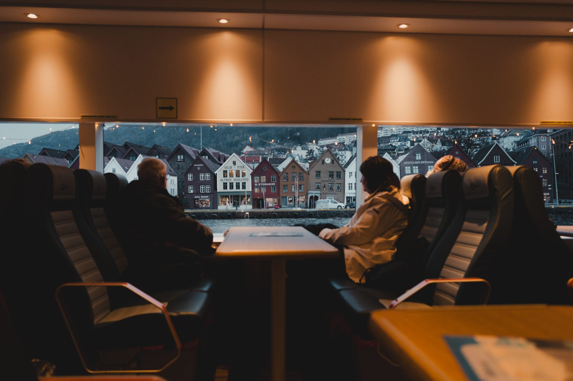 Big window inside our warm and comfortable lounge onboard our Mostraumen fjord cruise from Bergen