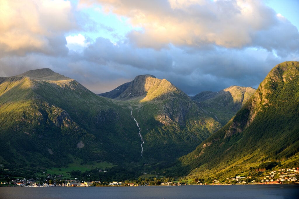 View of Rosendal and surrounding mountains from the fjord near Bergen
