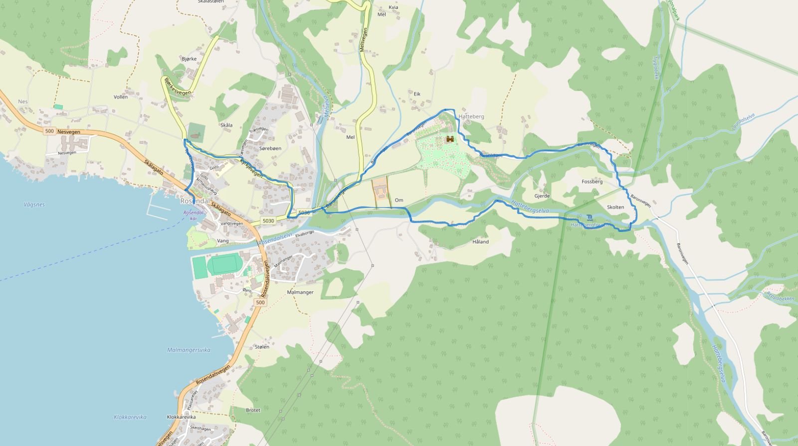 map over the roundtrip waterfall hike in Rosendal, Bergen