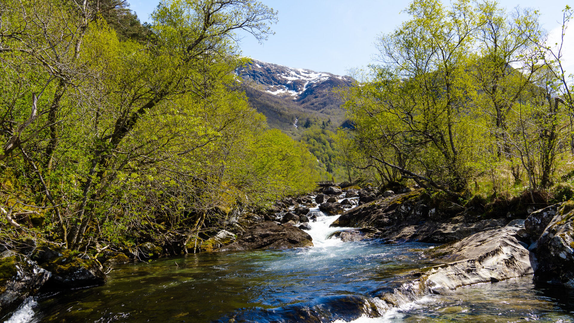 Crystal clear river surrounded by forest and mountains in Rosendal during a guided waterfall hike in Hardangerfjord.