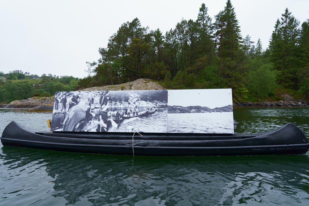 Old blac-and-white whaling photographs displayes on a caone on the water near Skogsvåg.